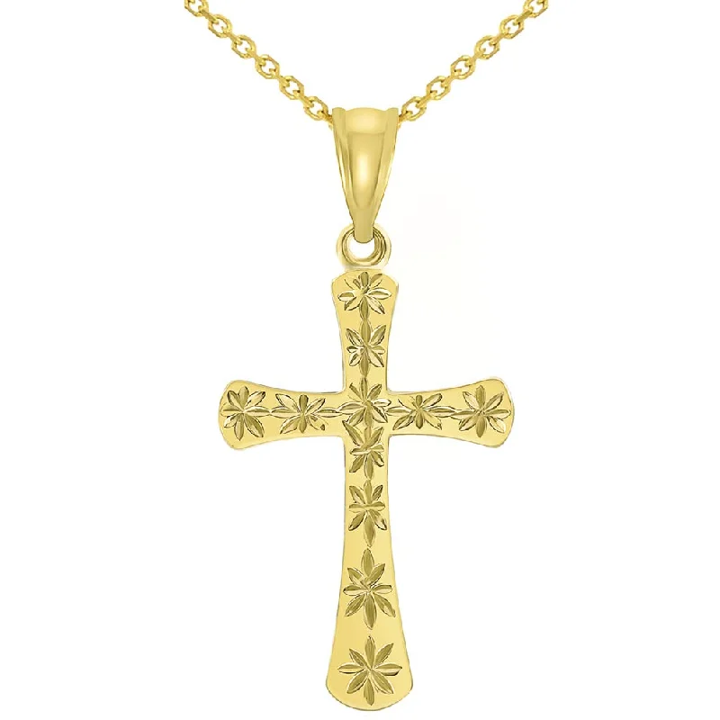 women personalized gold necklaces -High Polished 14K Yellow Gold Textured Star Cut Religious Cross Pendant Necklace Available with Rolo, Curb, or Figaro Chain