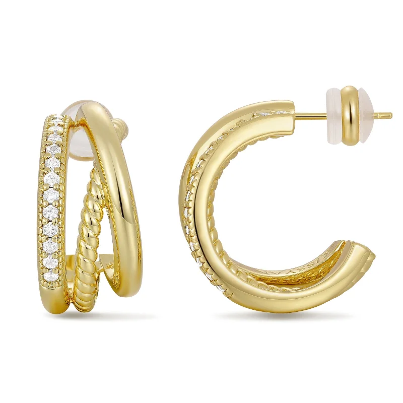 women oversized earrings -14K Gold Plated Cubic Zirconia Triple Open Hoops C Shape Wrap Earrings