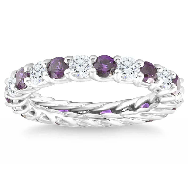 affordable diamond engagement rings -2 1/2Ct Amethyst & Diamond Eternity Ring 14k White Gold