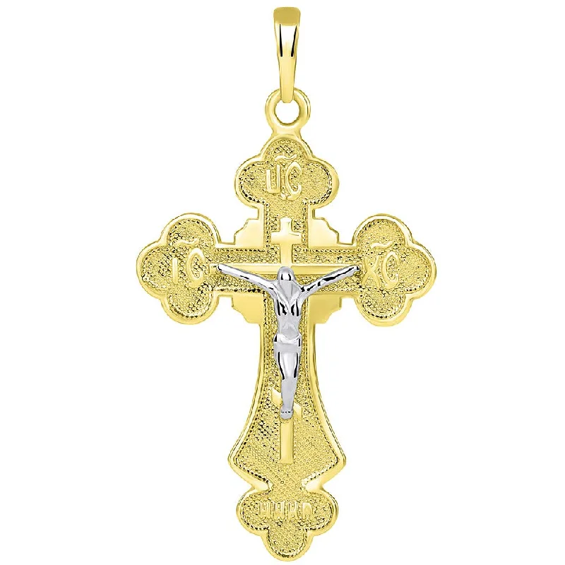 women designer gold necklaces -14k Two Tone Gold Botonnee St. Olga Orthodox Cross IC XC NIKA Crucifix Pendant