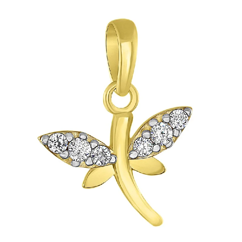 women chic necklaces -Solid 14K Yellow Gold Dainty Dragonfly Charm Spiritual Animal Pendant with Cubic Zirconia Gemstones