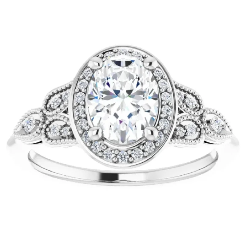 stackable engagement rings -1 1/3 Ct Oval Diamond Vintage Halo Engagement Ring 14k White Gold Lab Grown