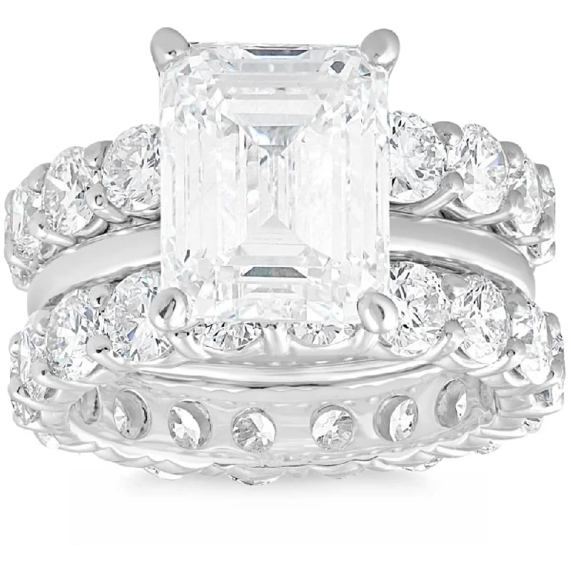 engagement rings with side stones -11Ct Emerald Cut Moissanite & Lab Grown Diamond Engagement Eternity 14k Ring Set