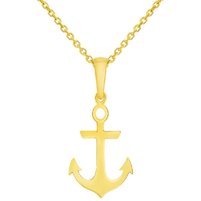 women chic gold necklaces -Solid 14k Yellow Gold Anchor Silhouette Charm Nautical Pendant with Rolo Cable, Cuban Curb, or Figaro Chain Necklaces