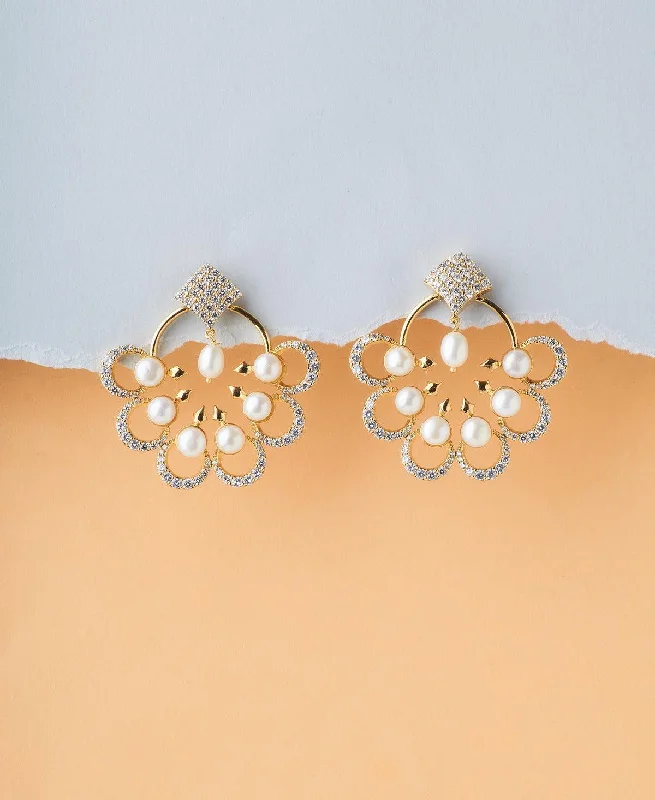 women gold stud earrings -Gorgeous Stone Studded Pearl Earring