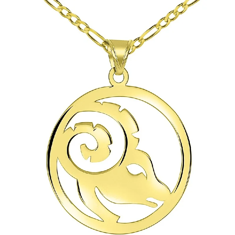 women modern necklaces -Solid 14k Yellow Gold Round Aries Zodiac Sign Cut-Out Ram Head Pendant with Figaro Chain Necklace