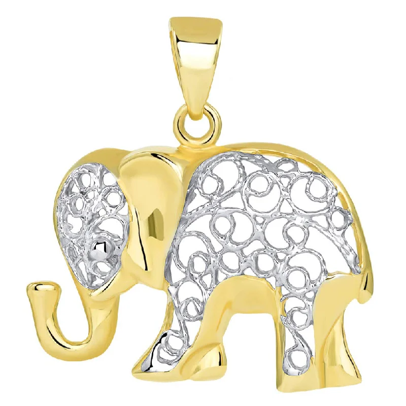 women pendant necklaces -14k Yellow Gold Elegant Filigree Two Tone Elephant Pendant