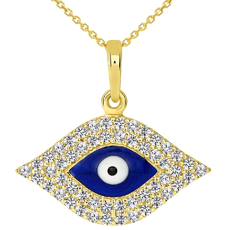 women pearl pendant necklaces -14k Yellow Gold CZ Elegant Evil Eye Protection Pendant with Rolo, Curb, or Figaro Chain Necklaces