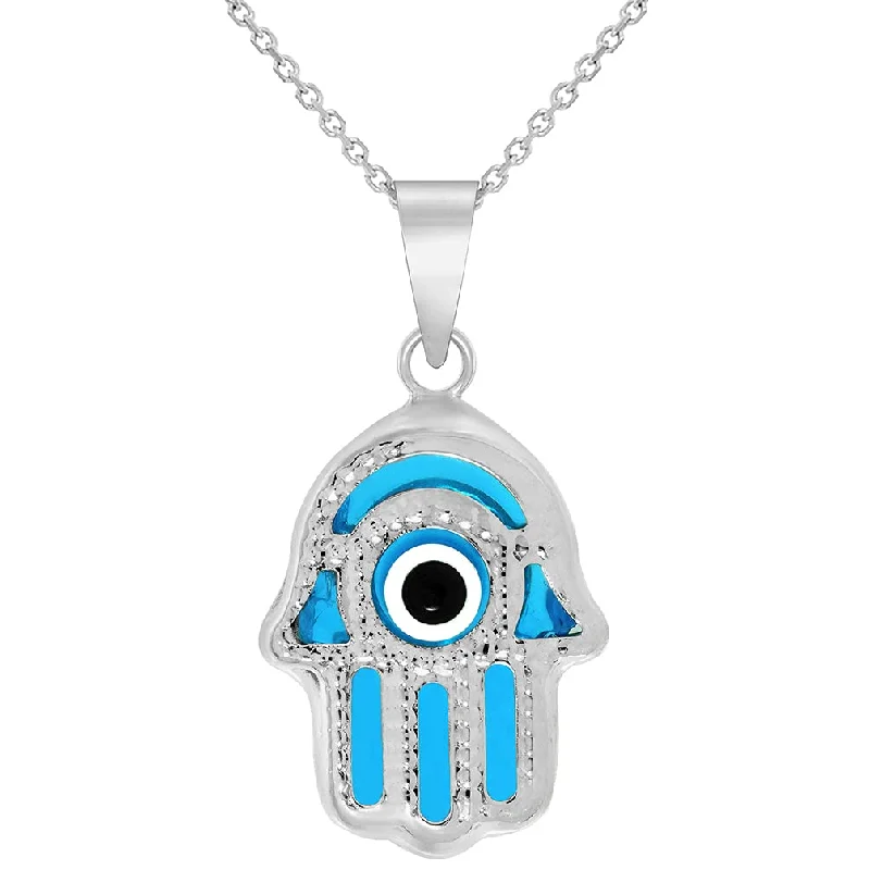 women vintage necklaces -14k White Gold Blue Evil Eye Hamsa Hand Charm Pendant Necklace