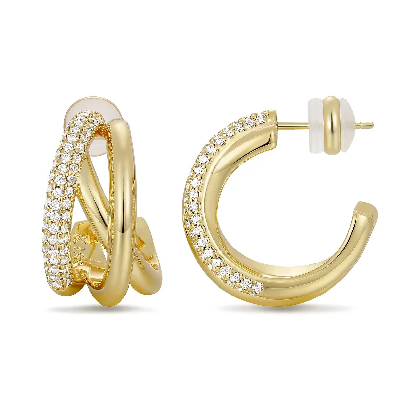 women handmade earrings -14K Gold Plated Cubic Zirconia Triple Open Hoops C Shape Wrap Earrings