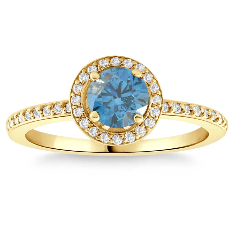 eco-friendly engagement rings -1 1/3Ct TW Blue & White Diamond Halo Engagement Ring in 14k Yellow Gold