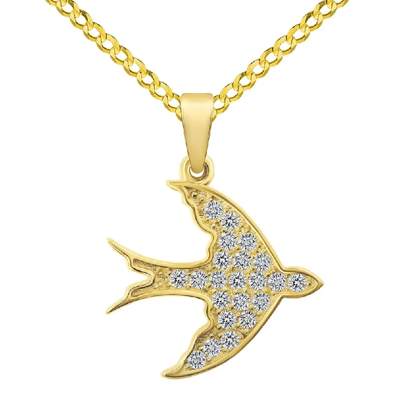 women crystal pendant necklaces -14k Yellow Gold Flying Swallow Bird Animal Pendant with Cuban Curb Chain Necklace