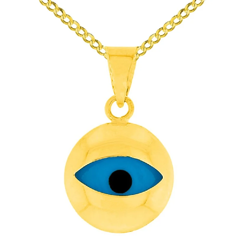 women chunky necklaces -14K Yellow Gold Simple Blue Eye Evil Eye Charm Pendant Cuban Chain Necklace (Medium)