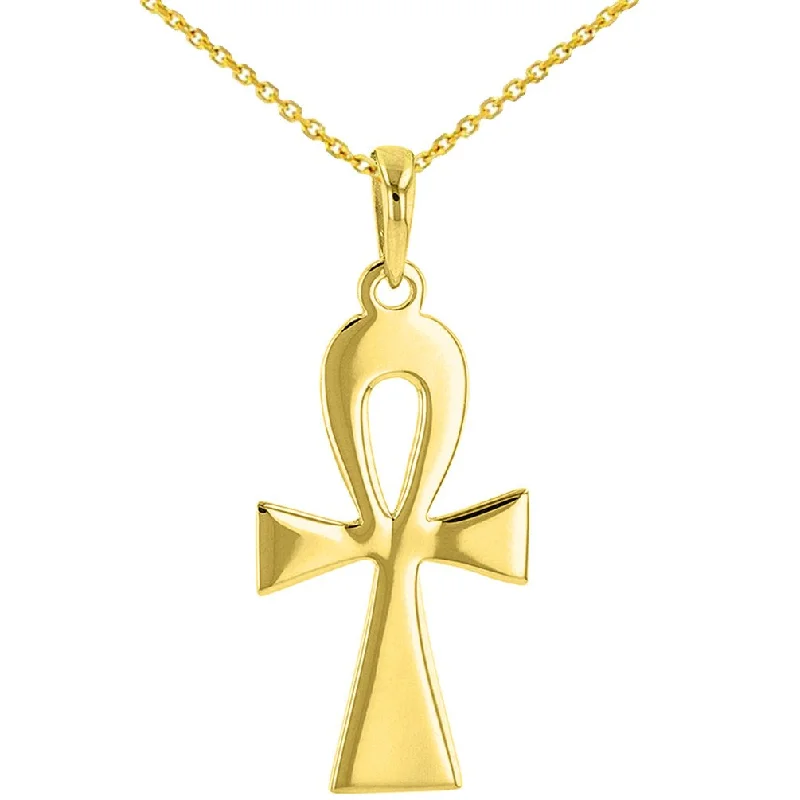 women cuff necklaces -Solid 14K Yellow Gold Egyptian Ankh Cross Pendant Necklace with High Polish