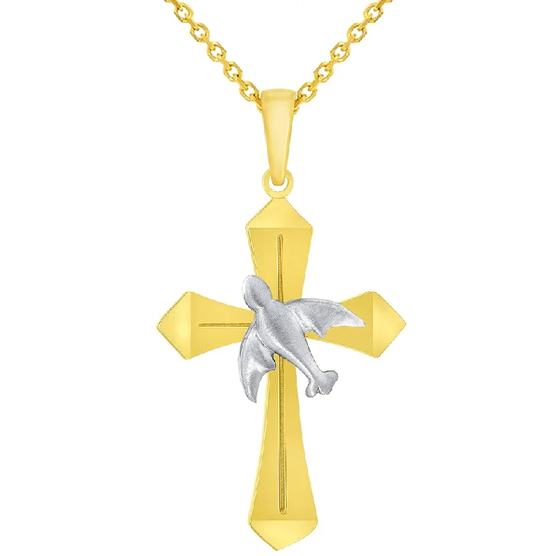 women two-tone necklaces -14k Yellow Gold Holy Spirit Dove Two Tone Religious Cross Pendant with Rolo Cable, Cuban Curb, or Figaro Chain Necklaces