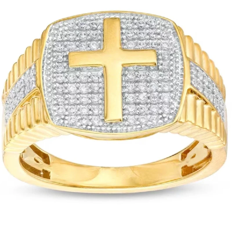 halo diamond engagement rings -3/4Ct Men's Diamond Cross Ring 10k Yellow Gold