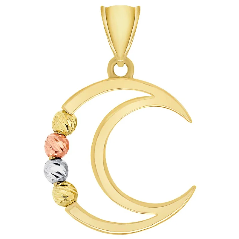 women long silver necklaces -14k Tri-Color Gold Beaded Open Crescent Moon Pendant