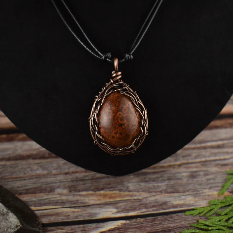 women engraved necklaces -Wire Wrapped Red Jasper Copper Pendant Necklace