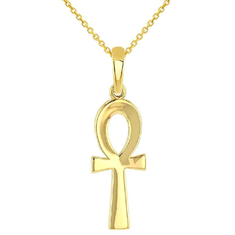 women infinity loop necklaces -Solid 14k Yellow Gold Polished Egyptian Ankh Cross Charm Pendant with Chain Necklace