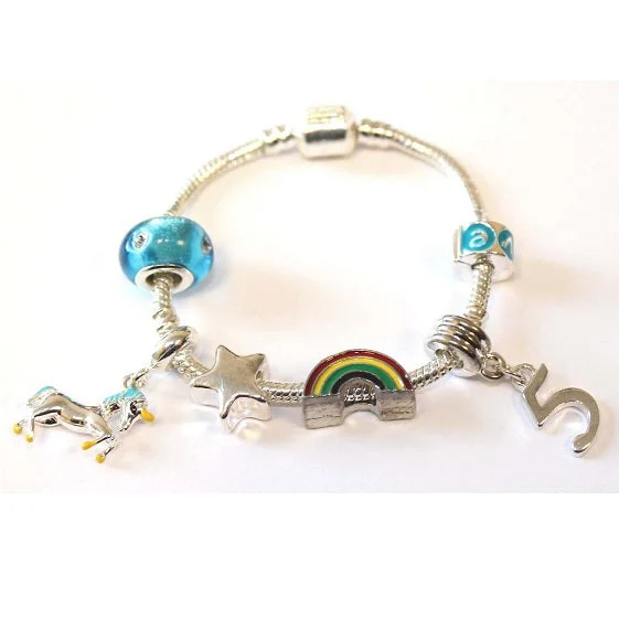 Children's 'Magical Unicorn 5th Birthday' Silver Plated Charm Bead Bracelet