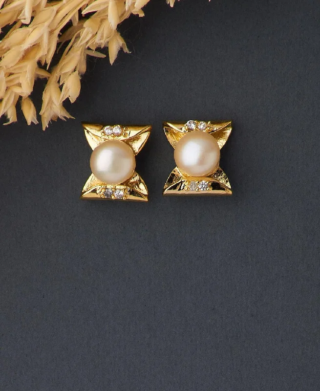 women personalized earrings -Elegant Real Pearl Stud Earring