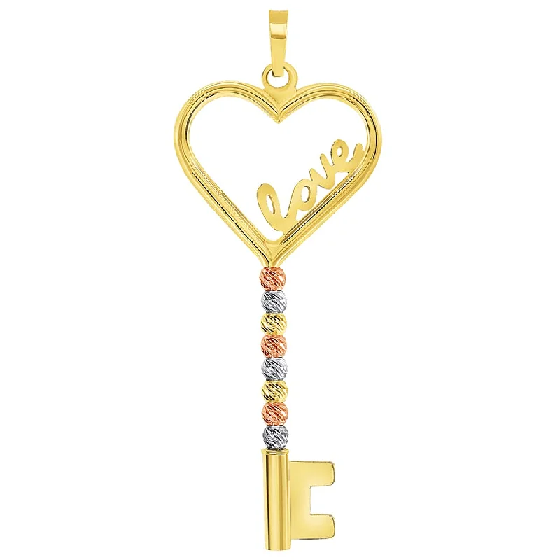 women double chain necklaces -14k Tri-Color Gold Love Written Open Heart Beaded Key Pendant