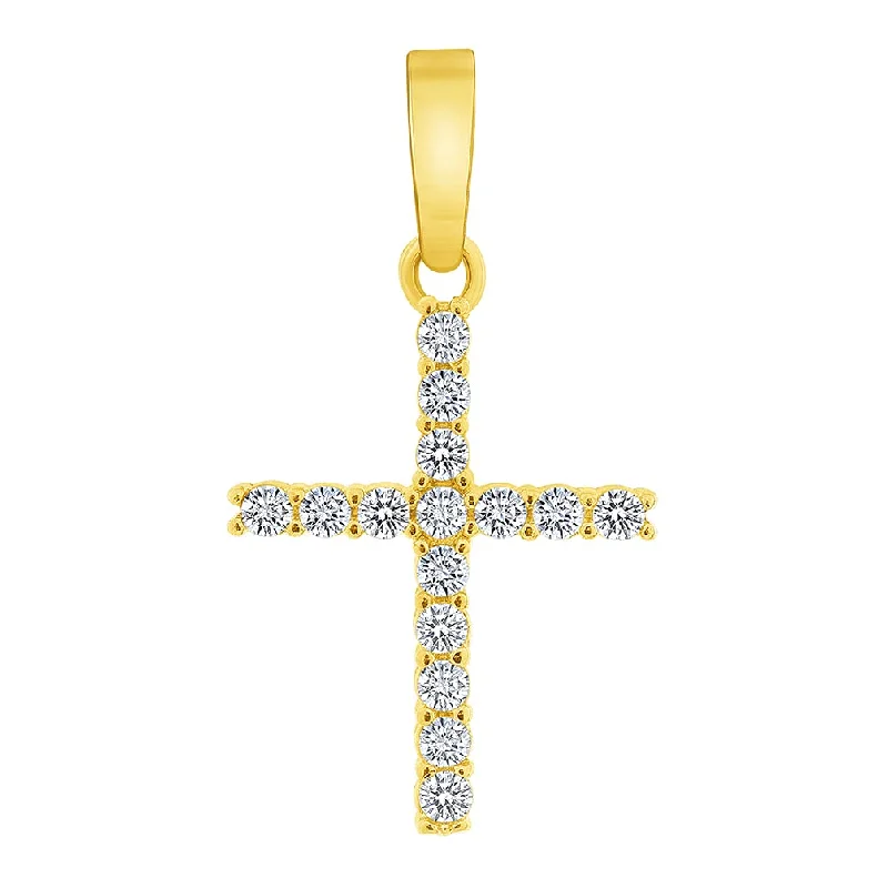 women choker necklaces -Solid 14k Yellow Gold Cubic-Zirconia Religious Cross Charm Pendant