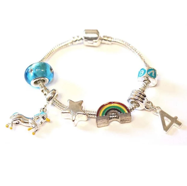 Children's 'Magical Unicorn 4th Birthday' Silver Plated Charm Bead Bracelet