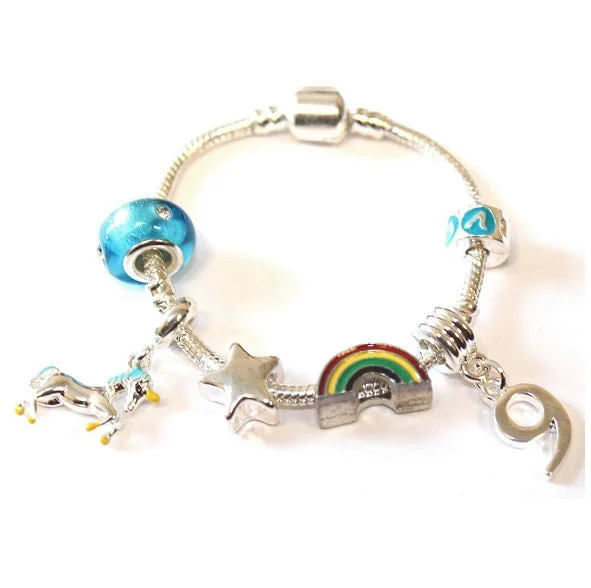 Children's 'Magical Unicorn 9th Birthday' Silver Plated Charm Bead Bracelet