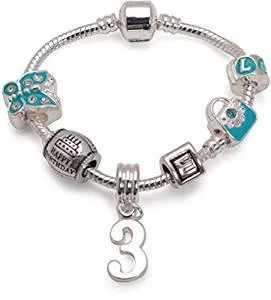 Children's Blue 'Happy 3rd Birthday' Silver Plated Charm Bead Bracelet