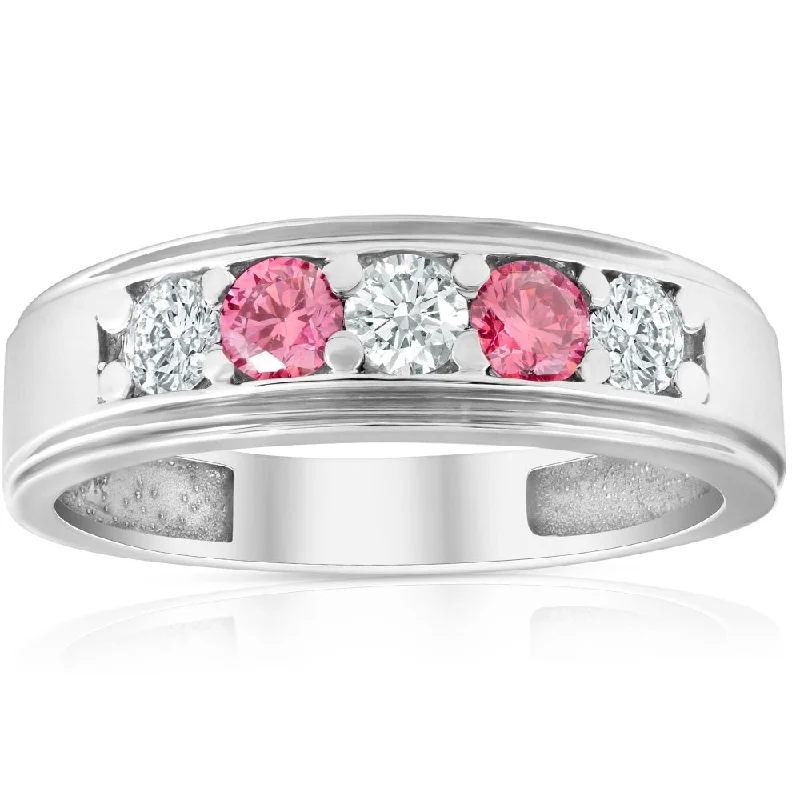 custom engagement rings with engravings -1 Ct T.W. Pink & White Lab Grown Diamond Mens Wedding Ring 5-Stone White Gold