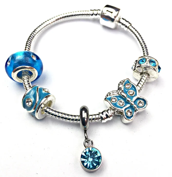 Children's 'December Birthstone' Turquoise Coloured Crystal Silver Plated Charm Bead Bracelet