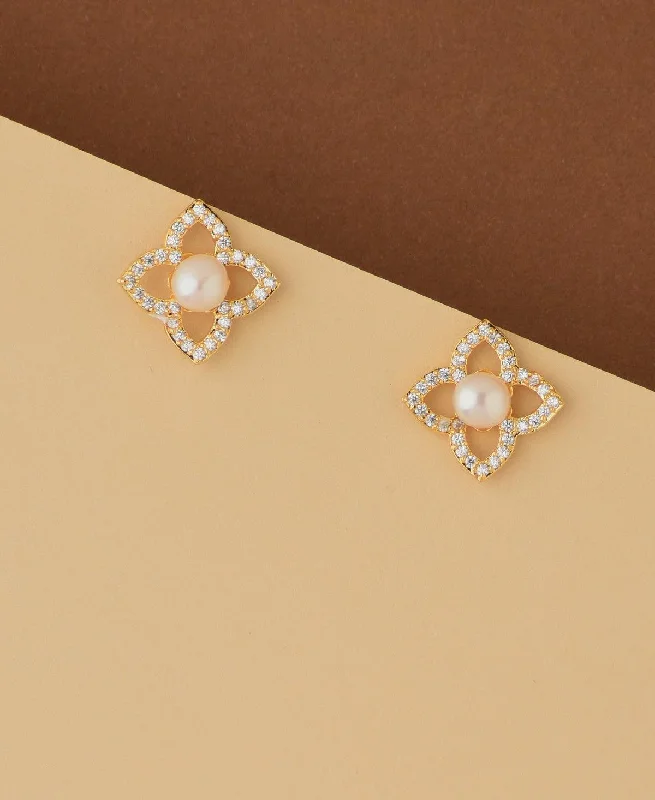 women elegant long earrings -Floral and Simple Real Pearl Stud Earring