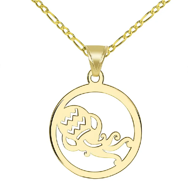 women custom necklaces -14k Yellow Gold Dainty Round Aquarius Zodiac Sign Cut-Out Vase Disc Pendant with Figaro Chain Necklace