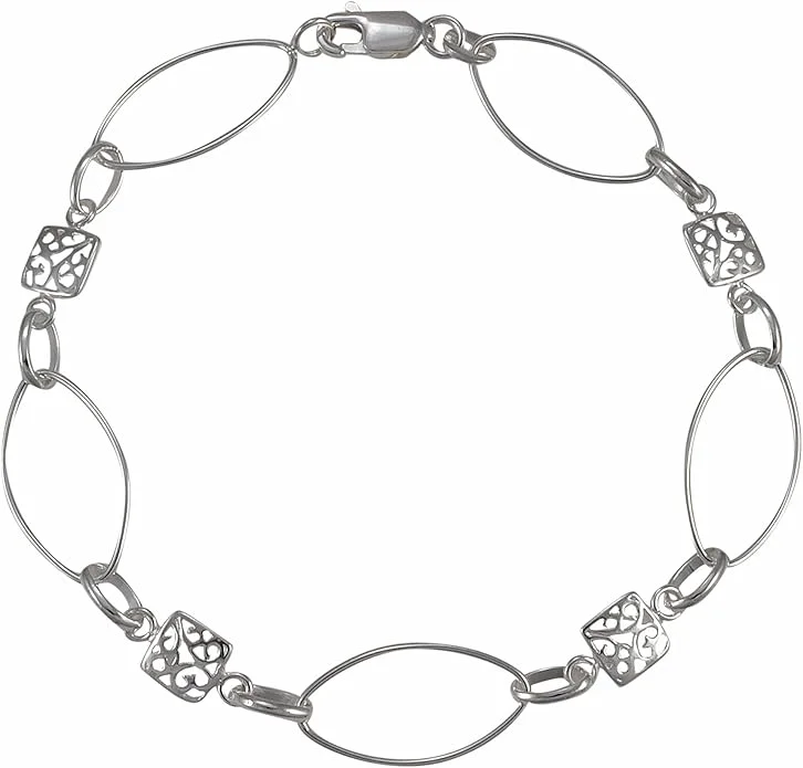 Light Marquise Oval Link Sterling Silver Bracelet with Filigree Squares - 7 1/2"