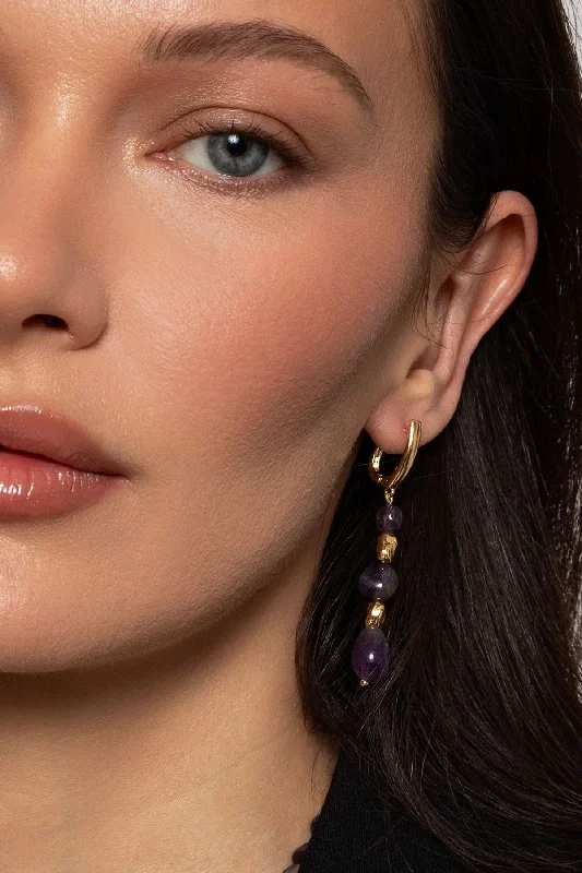 women vintage earrings -Gold & Purple Stone Drop Earrings