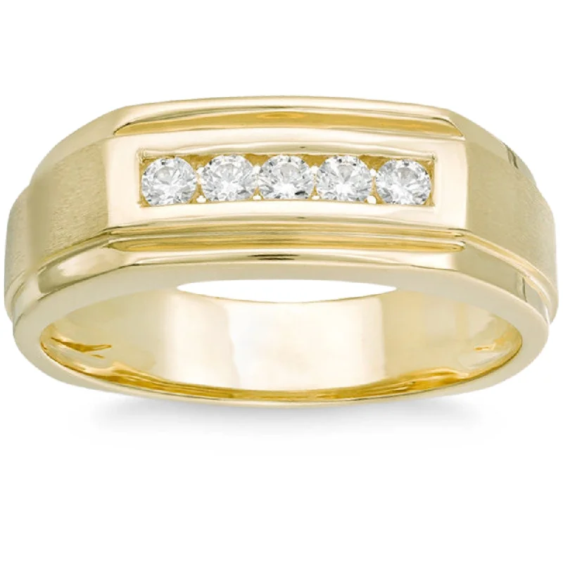 rose gold halo engagement rings -1/2Ct Men's Five Stone Diamond Brushed Ring in 14k Yellow Gold