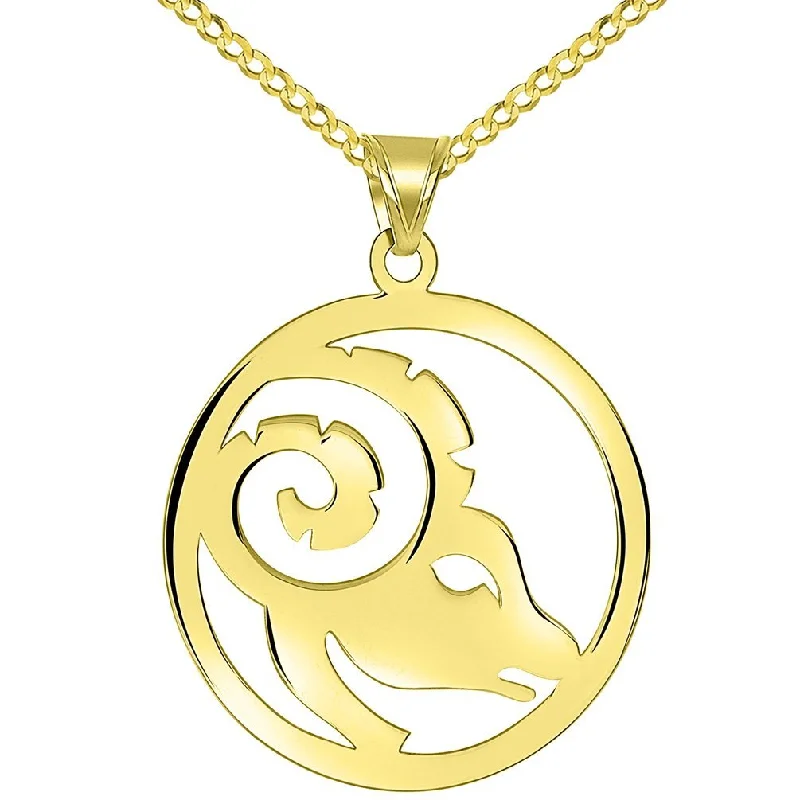 women zodiac necklaces -Solid 14k Yellow Gold Round Aries Zodiac Sign Cut-Out Ram Head Pendant with Cuban Chain Necklace