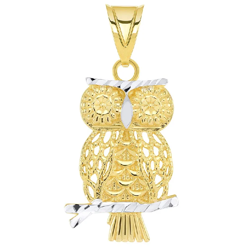 women custom necklaces -14K Yellow Gold Textured Milgrain Edged Two-Tone Owl Pendant