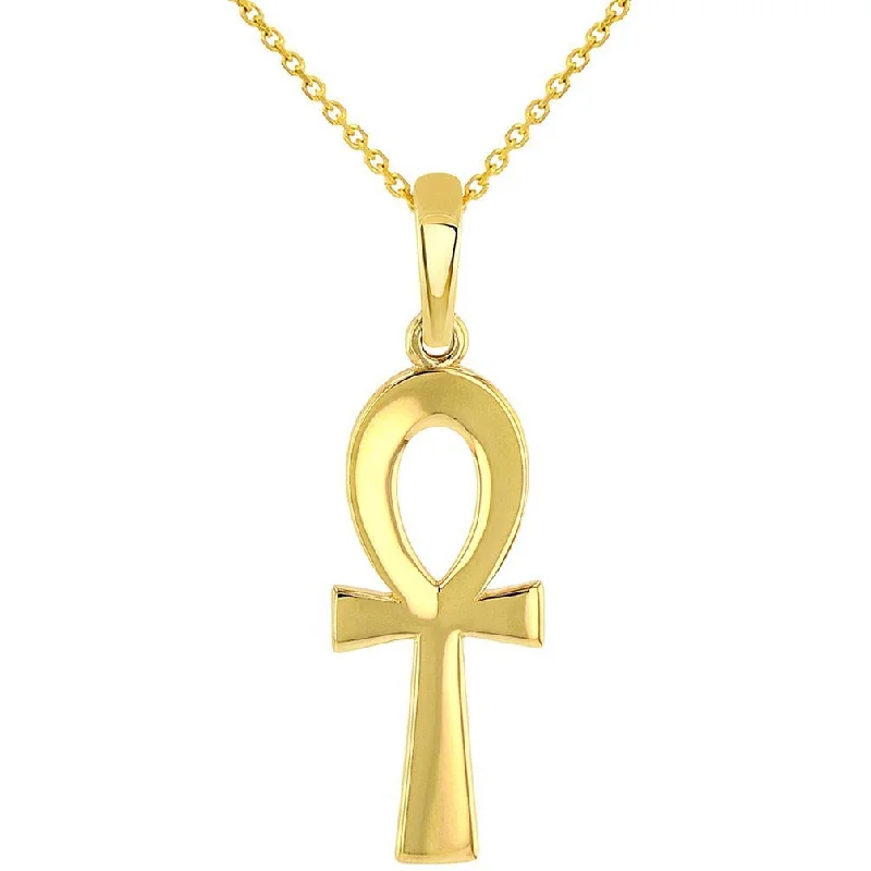 women etched metal necklaces -Solid 14k Yellow Gold Plain and Simple Egyptian Ankh Cross Pendant with Chain Necklace