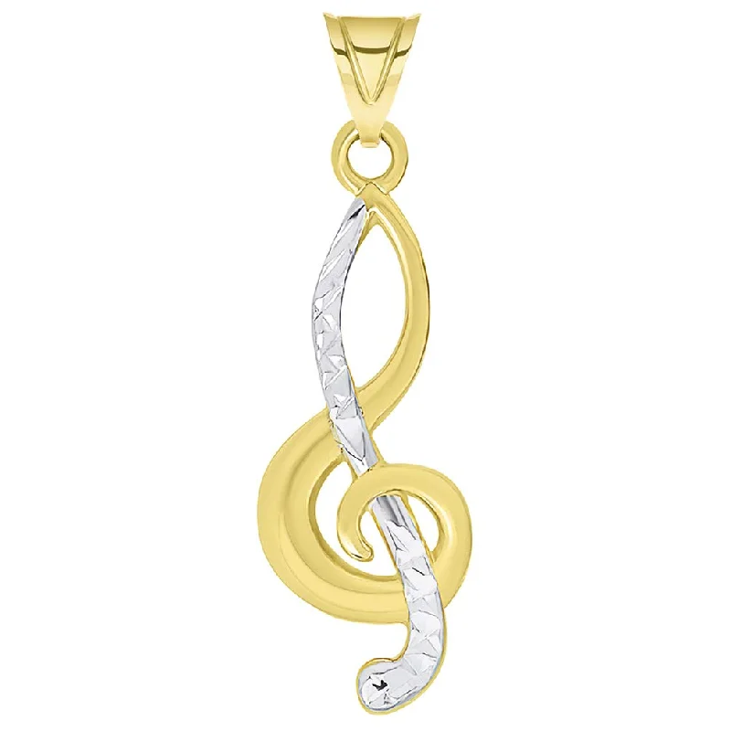 women cross necklaces -14k Yellow Gold Textured G Clef Charm Two Tone Musical Note Pendant