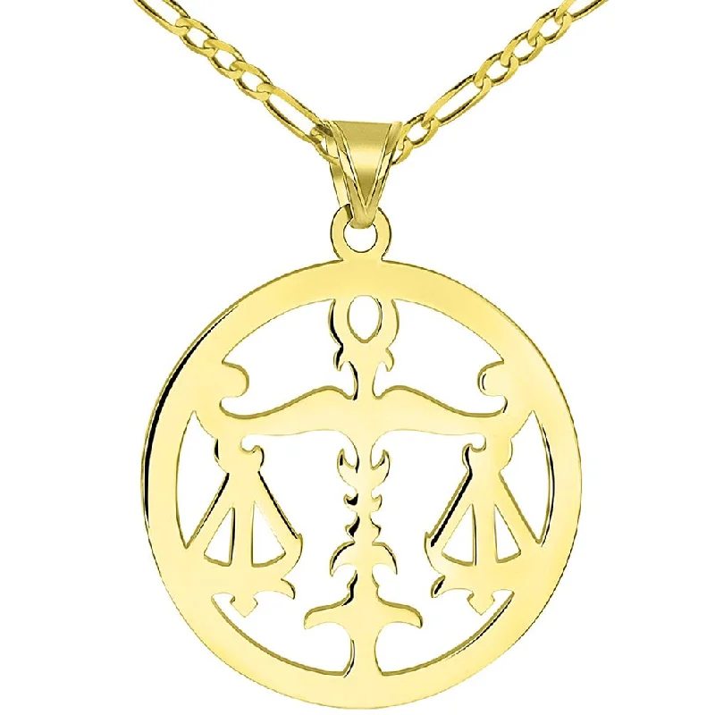 women double chain necklaces -Solid 14k Yellow Gold Round Libra Zodiac Sign Scale Disc Pendant with Figaro Chain Necklace