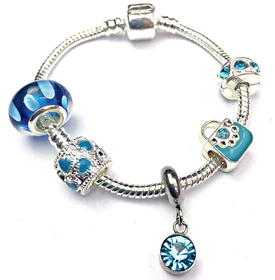 Children's 'March Birthstone' Aqua Coloured Crystal Silver Plated Charm Bead Bracelet