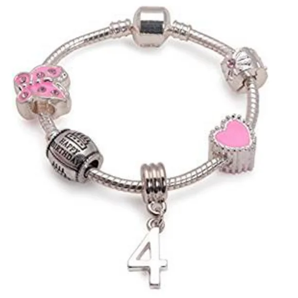 Children's Pink 'Happy 4th Birthday' Silver Plated Charm Bead Bracelet