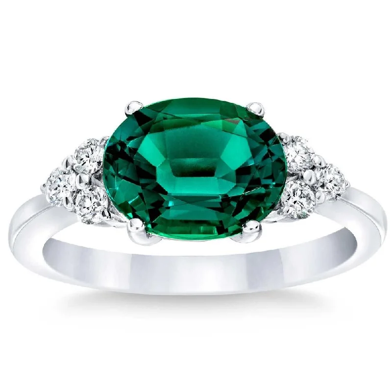 engagement rings with colored stones -3 1/4Ct Oval Emerald & Lab Grown Diamond Ring in 10k White or Yellow Gold