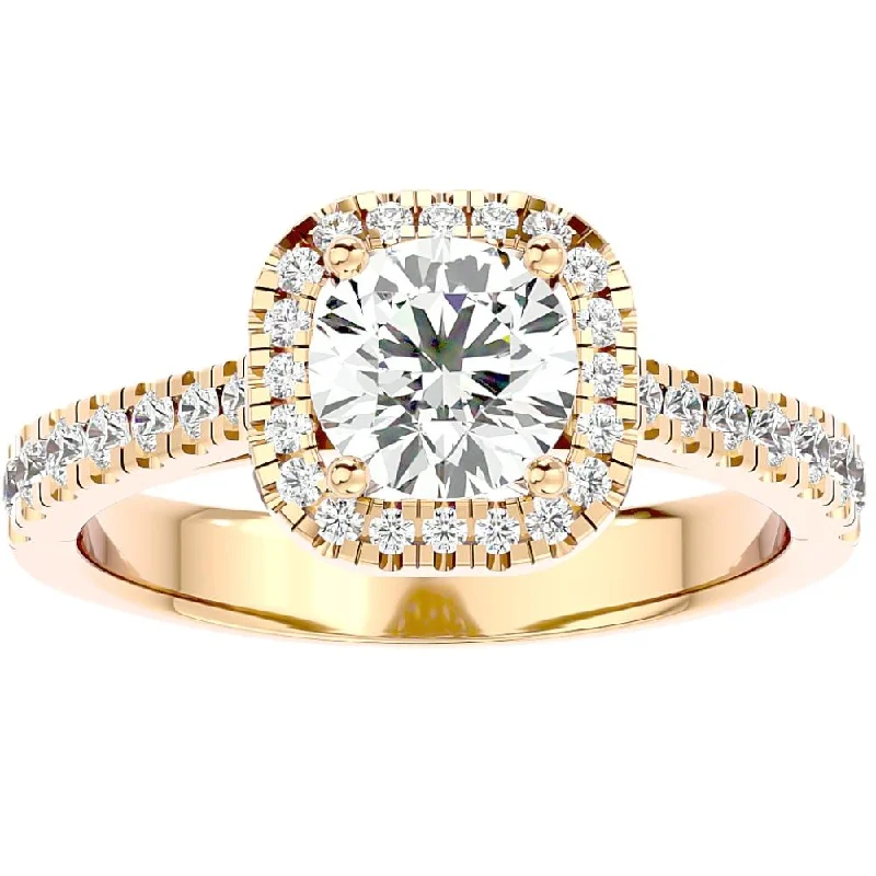 luxury solitaire engagement rings -1 1/6Ct Moissanite & Diamond Cushion Halo Engagement Ring White or Yellow Gold