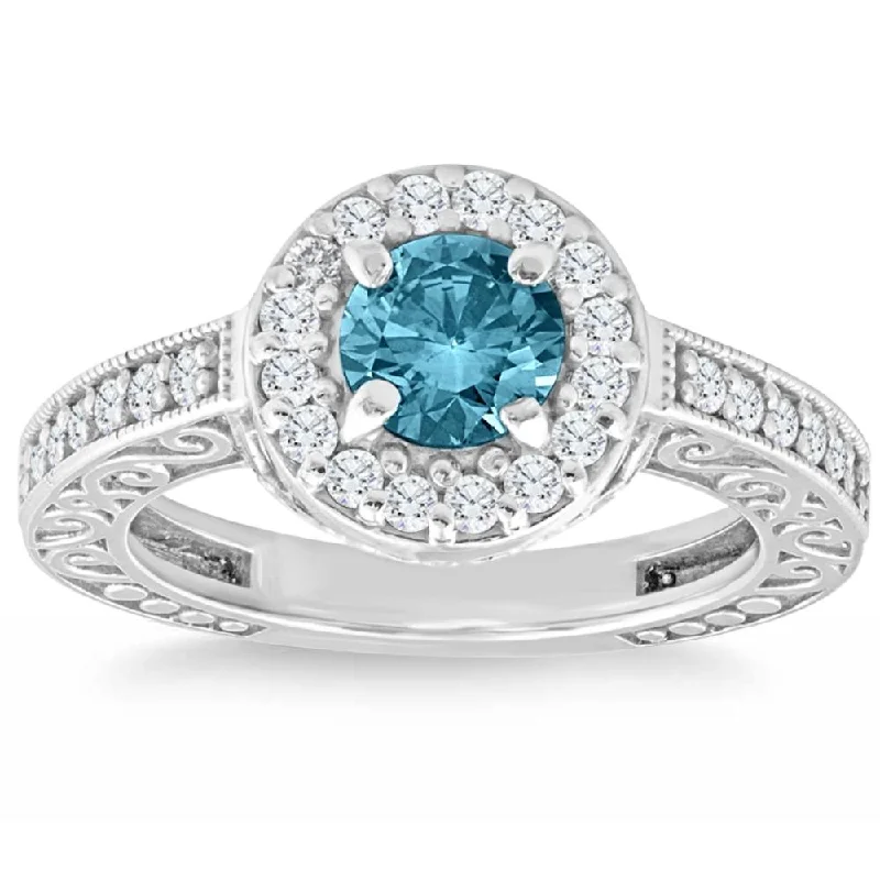 rustic engagement rings -1Ct Blue & White Diamond Halo Vintage Engagement Ring Lab Grown 14k White Gold