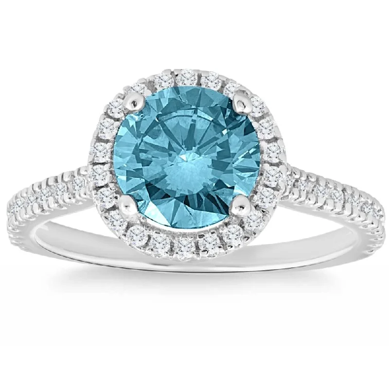 18k gold engagement rings -3 1/3 Ct Blue & White Diamond Halo Engagement Ring in 14k White Gold