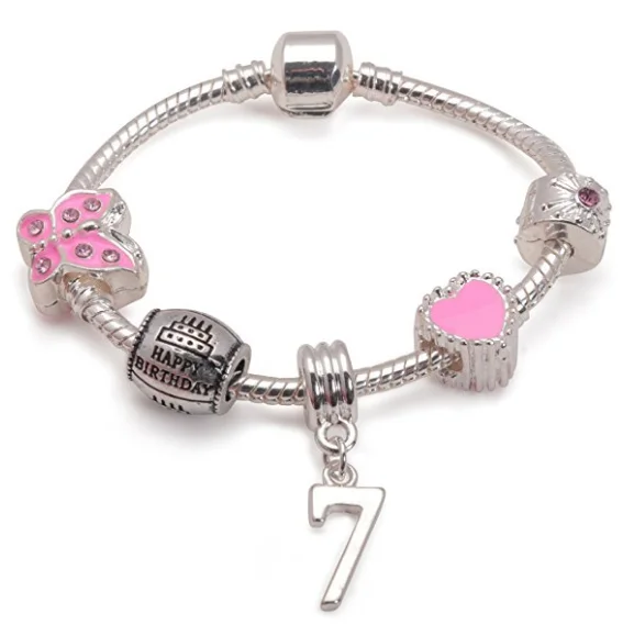 Children's Pink 'Happy 7th Birthday' Silver Plated Charm Bead Bracelet