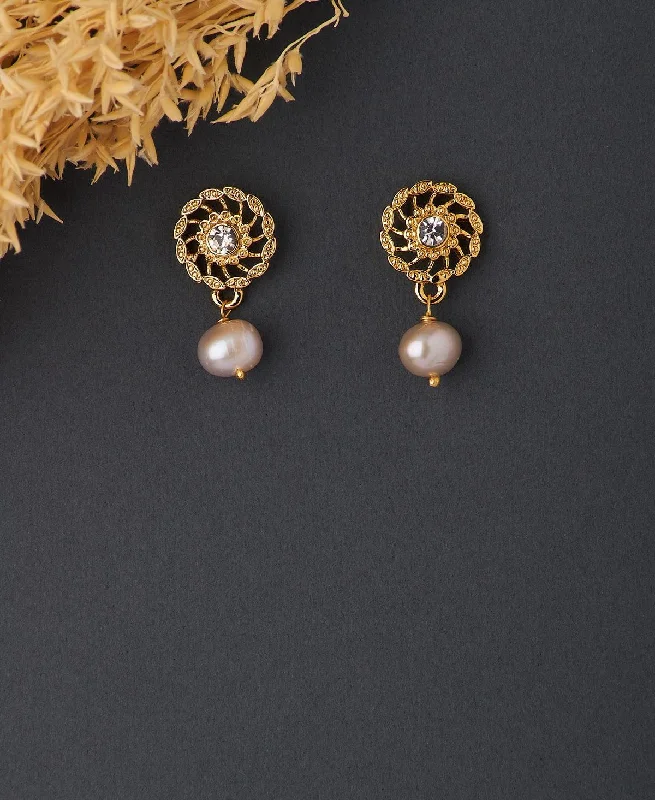 women statement drop earrings -Floral Stone Studded Pearl Earring